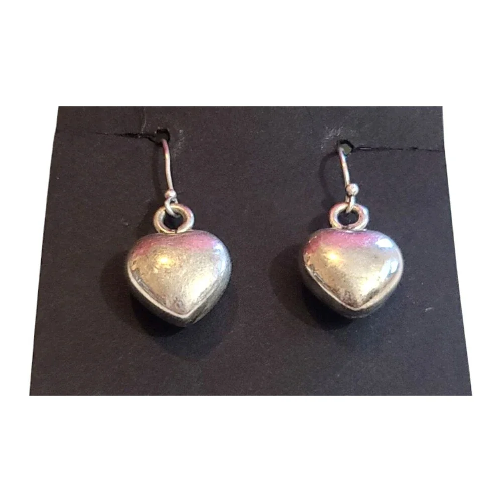 Vintage Sterling Silver 925 Heart Dangle Drop Earrings Silver Tone